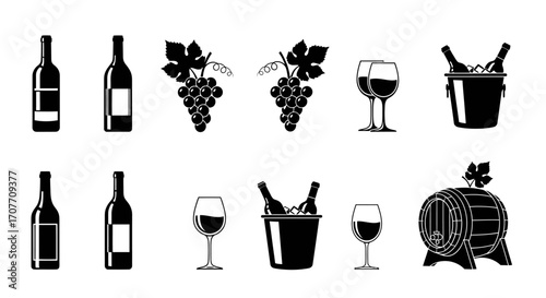 A collection of black and white vector illustrations depicting wine bottles, glasses, grapes, ice buckets, and a barrel, arranged in two rows.