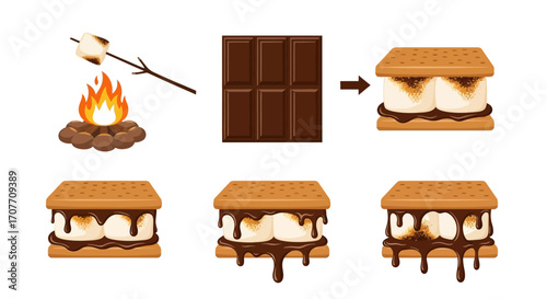 Illustration showing the steps to make a s'more, from roasting the marshmallow to the finished, melting treat.