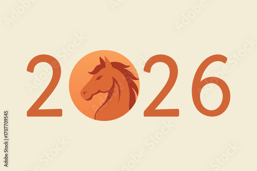 2026 year symbol with horse silhouette inside the zero. Minimalist zodiac illustration for Chinese New Year of the Horse celebration and festive design. Vector flat style banner.