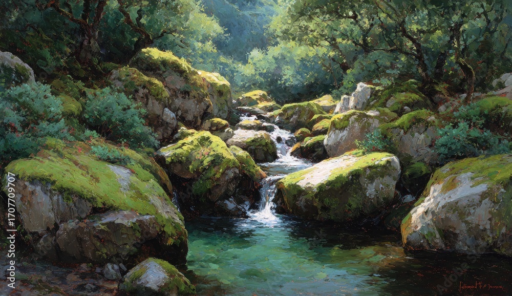 Fototapeta premium Sunny stream meandering through mossy rocks
