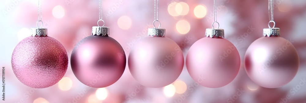 Fototapeta premium Pink Christmas ornaments hanging on a tree with a soft pink background created by lights