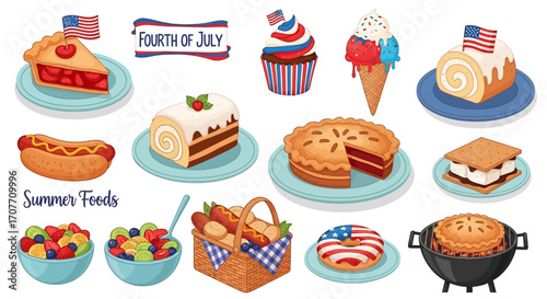 A collection of festive summer foods for the Fourth of July, including pie, cake, hot dogs, fruit salad, and cupcakes, displayed on plates and in a basket.