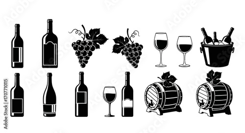 A collection of wine-related vector graphics featuring bottles, grapes, glasses, ice bucket, and wooden barrels in black and white.