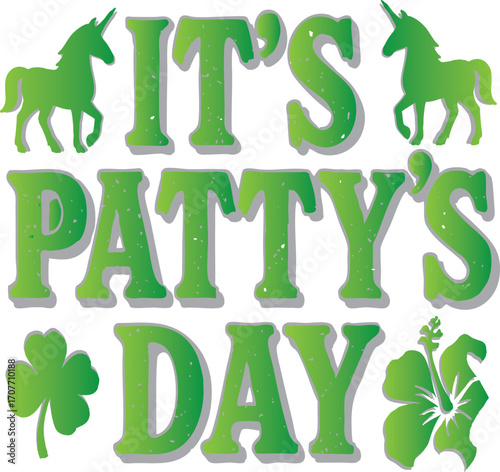 : "Lucky Unicorn Art for PATTY’s Celebration" A whimsical illustration of a unicorn wearing a pale green top hat and a black ribbon with a four-leaf clover. Its mane is a mix of green, pink, and gray,
