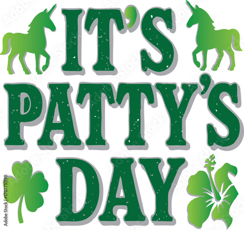 : "Lucky Unicorn Art for PATTY’s Celebration" A whimsical illustration of a unicorn wearing a pale green top hat and a black ribbon with a four-leaf clover. Its mane is a mix of green, pink, and gray,