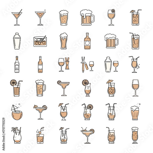 A collection of outline icons depicting various alcoholic beverages, including cocktails, beer, and wine, arranged in a grid pattern.