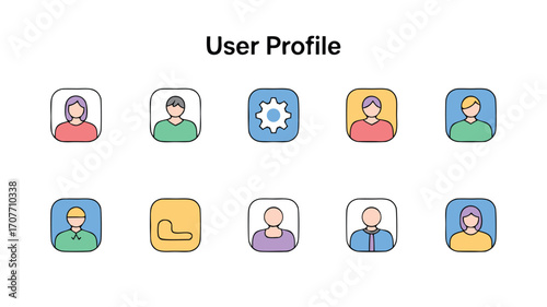 Diverse Collection of User Profile Icons Representing People and Settings for Digital Interfaces and Applications