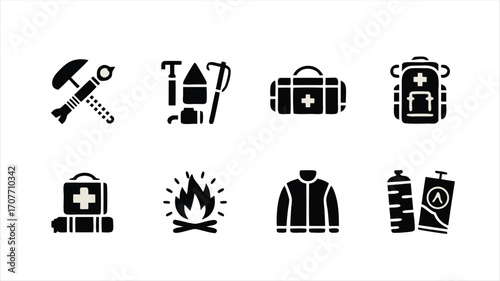 Collection of Eight Black and White Icons Representing Essential Outdoor Survival Gear and Tools for Camping and Hiking Adventures