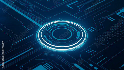 Glowing Abstract AI Neon Circle Portal on Circuit Board Technology Background with Futuristic Processor and Light Blue Digital Tech Design