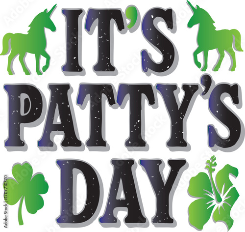 : "Lucky Unicorn Art for PATTY’s Celebration" A whimsical illustration of a unicorn wearing a pale green top hat and a black ribbon with a four-leaf clover. Its mane is a mix of green, pink, and gray,