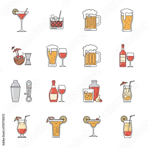 Collection of sixteen different alcoholic beverages illustrated in a flat design style, including cocktails, beer, and wine, presented on a white background.