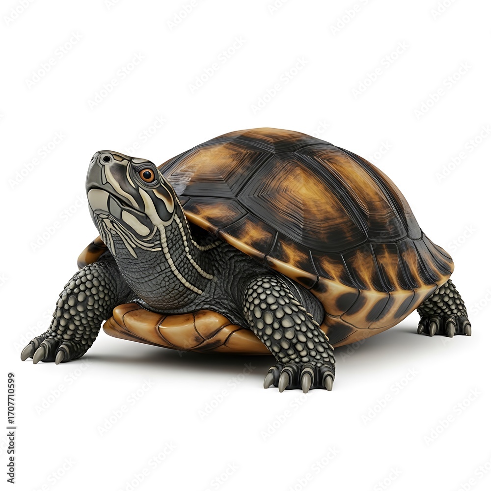 Obraz premium Detailed shot of a visually striking turtle, showcasing intricate patterns and textures against a plain white backdrop.