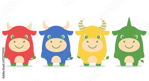 Four cartoon bulls in a row, colored red, blue, yellow, and green, all smiling with horns and small tails.