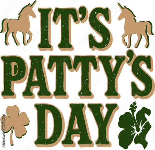 : "Lucky Unicorn Art for PATTY’s Celebration" A whimsical illustration of a unicorn wearing a pale green top hat and a black ribbon with a four-leaf clover. Its mane is a mix of green, pink, and gray,