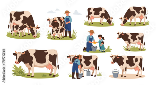 A collection of cartoon illustrations depicting dairy farming activities, featuring cows, farmers, children, and scenes of grazing, milking, and farm life.