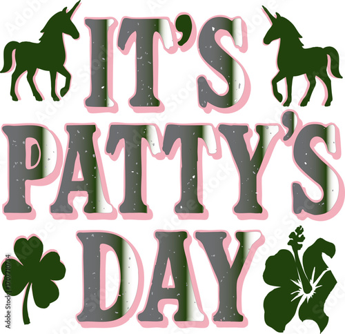 : "Lucky Unicorn Art for PATTY’s Celebration" A whimsical illustration of a unicorn wearing a pale green top hat and a black ribbon with a four-leaf clover. Its mane is a mix of green, pink, and gray,