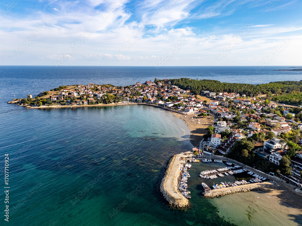 Fototapeta premium Aerial view of Kandira, Kocaeli, showcasing the beautiful coastline, marina, and cityscape of Turkey