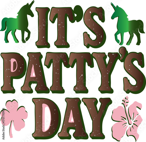 : "Lucky Unicorn Art for PATTY’s Celebration" A whimsical illustration of a unicorn wearing a pale green top hat and a black ribbon with a four-leaf clover. Its mane is a mix of green, pink, and gray,
