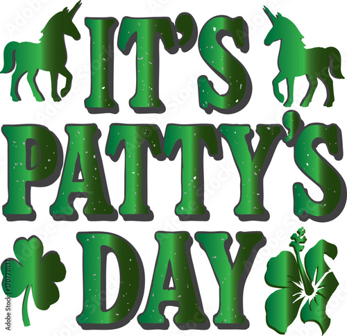 : "Lucky Unicorn Art for PATTY’s Celebration" A whimsical illustration of a unicorn wearing a pale green top hat and a black ribbon with a four-leaf clover. Its mane is a mix of green, pink, and gray,