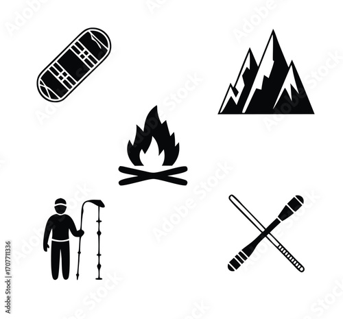 Outdoor Adventure Icons Representing Snowboarding Mountain Peaks Campfire Hiker With Trekking Poles And Ski Poles