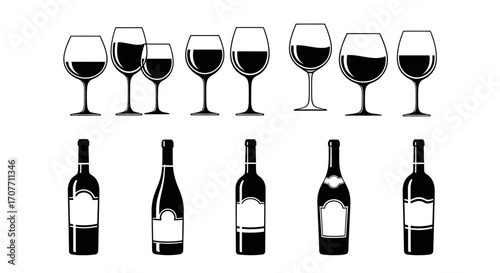 Vector illustration featuring a row of wine glasses filled with red wine above a row of various wine bottles with blank labels.