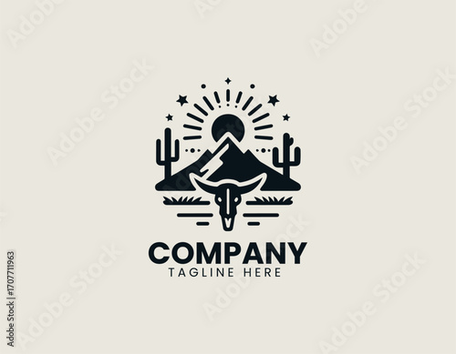 Vector logo shows desert mountains with cactus and sun rays in minimal design