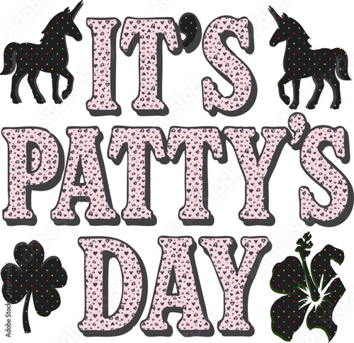 : "Lucky Unicorn Art for PATTY’s Celebration" A whimsical illustration of a unicorn wearing a pale green top hat and a black ribbon with a four-leaf clover. Its mane is a mix of green, pink, and gray,