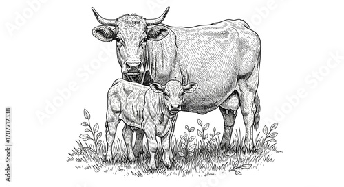 Detailed illustration of a cow standing protectively over its calf, both surrounded by grass and foliage in a black and white sketch style.