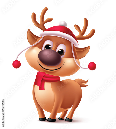 Christmas Clipart Character isolated in White background. Playful reindeer in red hat and scarf clipart character perfect for Christmas, holiday and New Year greetings vector illustration.