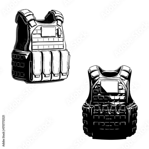 Black and white line art illustration of military body armor