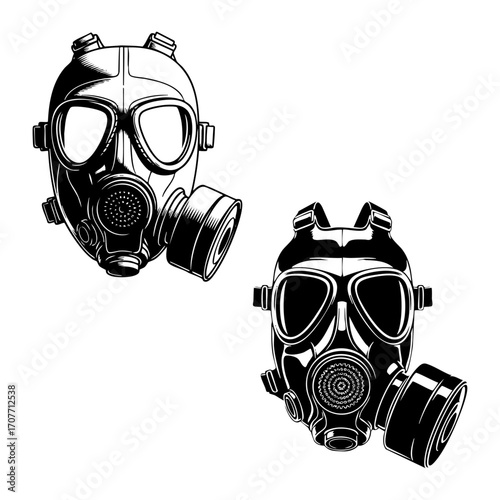 Black and white line art illustration of gas mask
