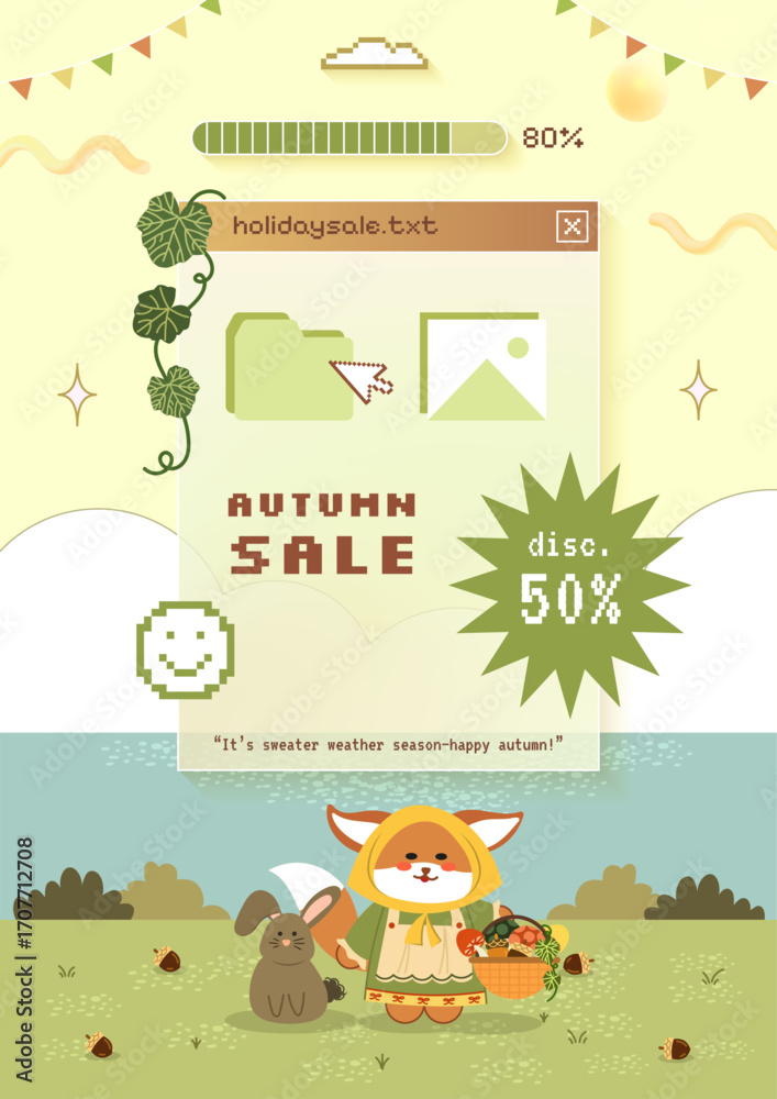 Fototapeta premium Autumn poster with cute animal illustration and retro computer pop up window