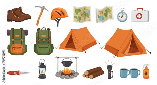 Camping and hiking equipment arranged on a white background, including boots, backpacks, tents, a campfire, and other essential supplies.