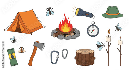 Camping illustration: Orange tent, campfire with stones, axe, compass, flashlight, hat, marshmallows, carabiners, log, insect repellent, and insects.
