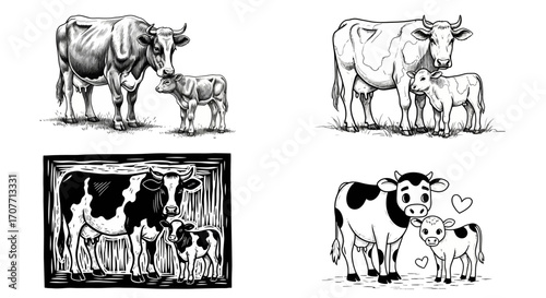 Four illustrations depict a cow and calf in different artistic styles, ranging from realistic to cartoonish, showcasing maternal bond.