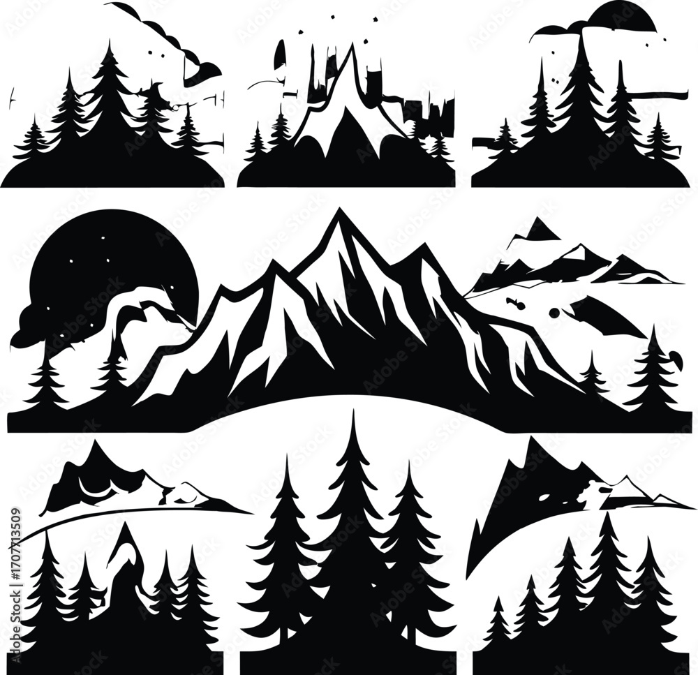 Obraz premium Black Mountain and Pine Tree Silhouettes Landscape Vector Art