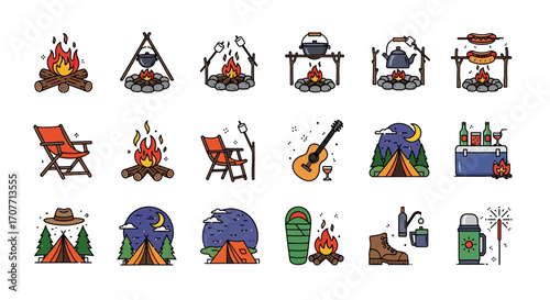 Collection of camping icons featuring campfire cooking, tents, chairs, guitar, sleeping bag, and other outdoor recreation elements.