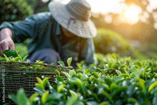Feshly harvested green tea leaves, generative ai image
