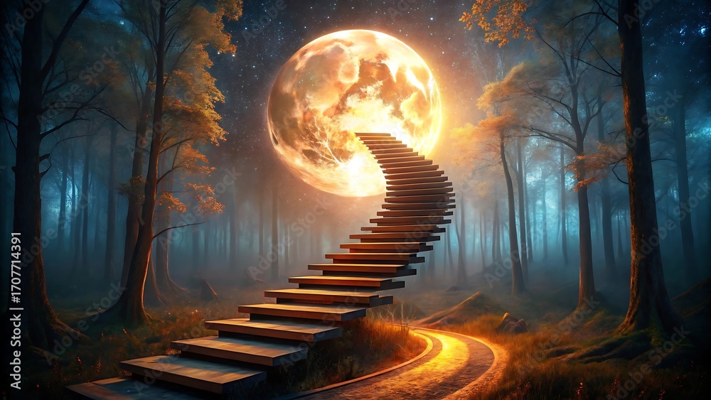 Obraz premium A glowing staircase ascends toward a bright full moon in a dark forest