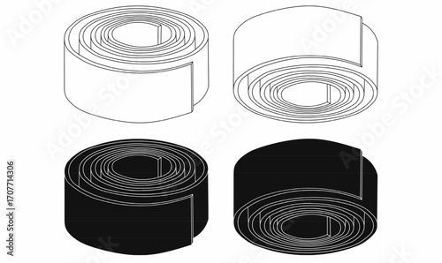 Steel sheet roll icon set in outline, solid, and silhouette style. Industrial coil symbol for factory, construction, manufacturing, and metal industry design