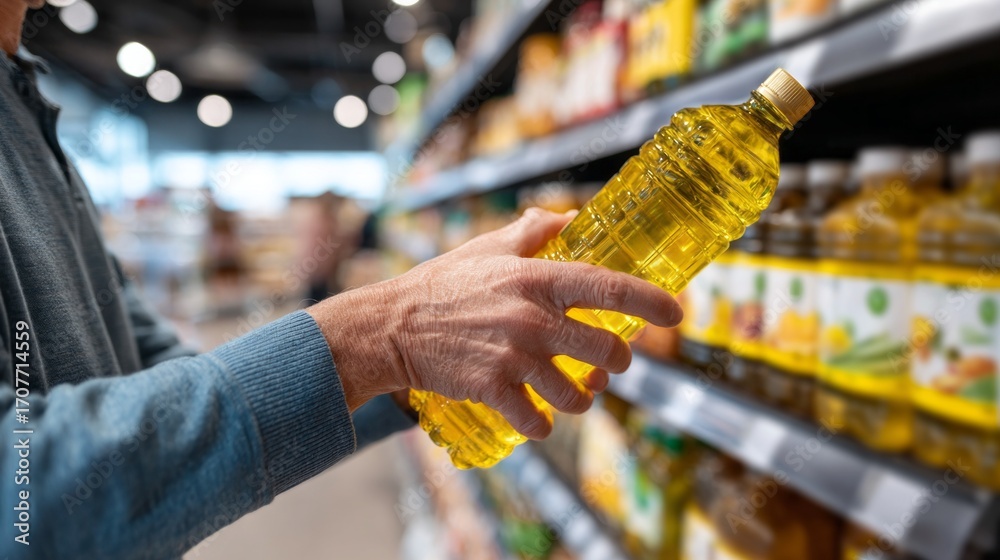Obraz premium Shopping for cooking oil in a grocery store with organized shelves