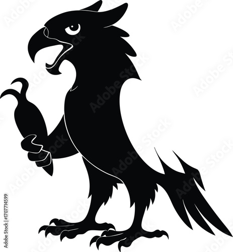 Black Heraldic Griffin Silhouette: Vector Illustration, Emblem Art