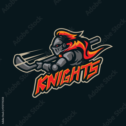 Knight mascot logo design vector. Knight hockey illustration with stick.