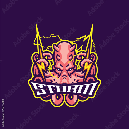 Octopus mascot logo design vector. Storm octopus illustration with lightning.