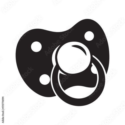 Baby pacifier icon. Simple black silhouette of a dummy or soother for newborn care and childhood concept.

