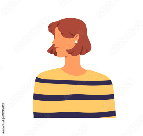 Young woman profile. Female looking aside, head turned to side. Person in casual outfit, earring in ear, bob cut hairstyle, faceless portrait. Flat vector illustration isolated on white background