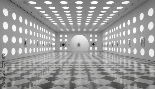 Empty museum gallery, circular lights, patterned floor