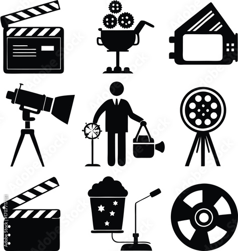 Black Film Icons: Clapperboard, Camera, Spotlight, Reel, Director