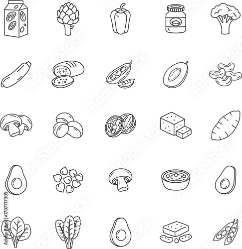 Vegan Food and Plant Based Diet Vector Icon Set