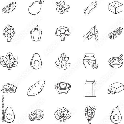 Vegan Food and Plant Based Diet Vector Icon Set